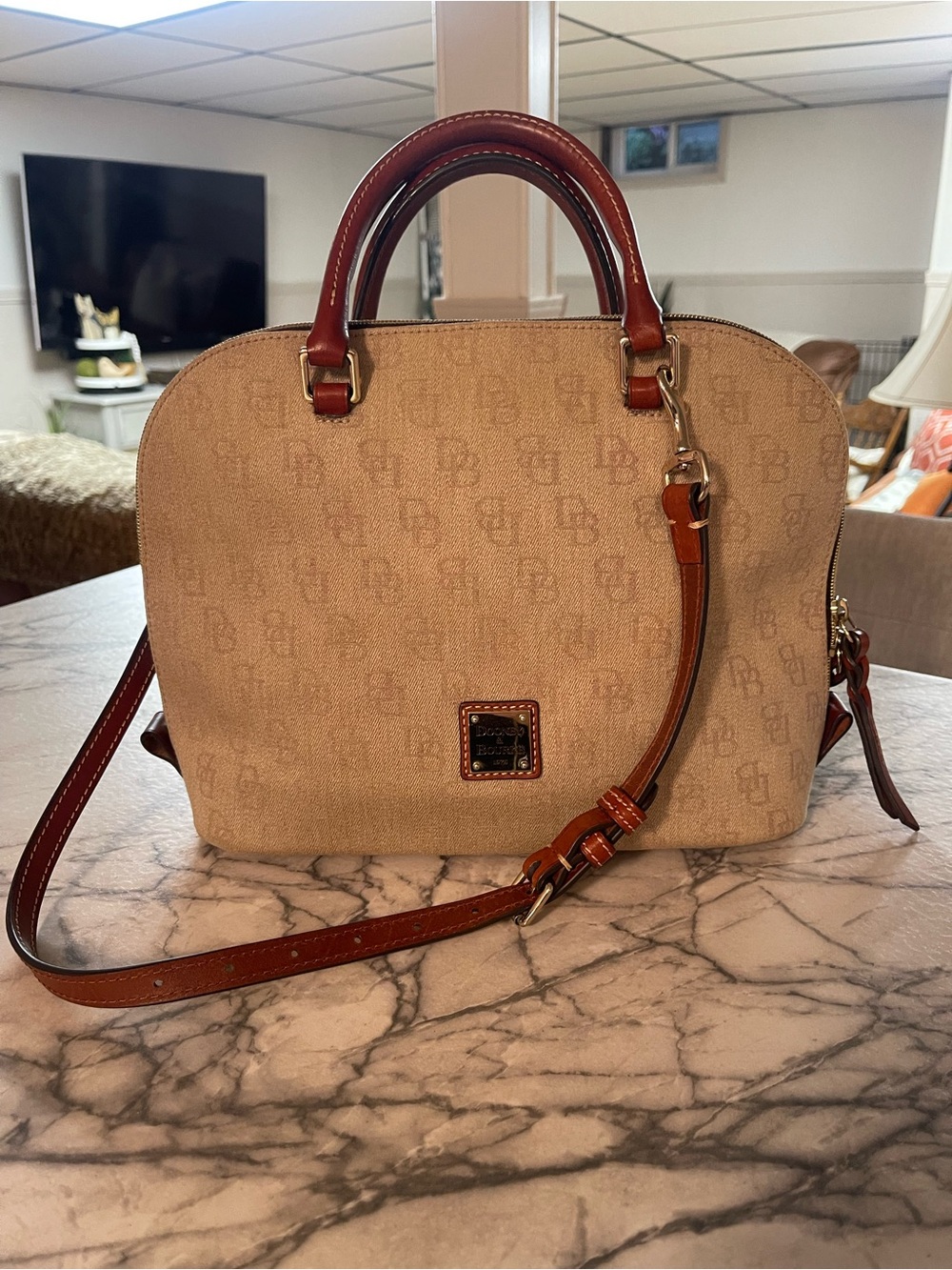 Dooney & Bourke Beige Satchel with Brown Trim and Lilac Flower Charm - Picture 11 of 15